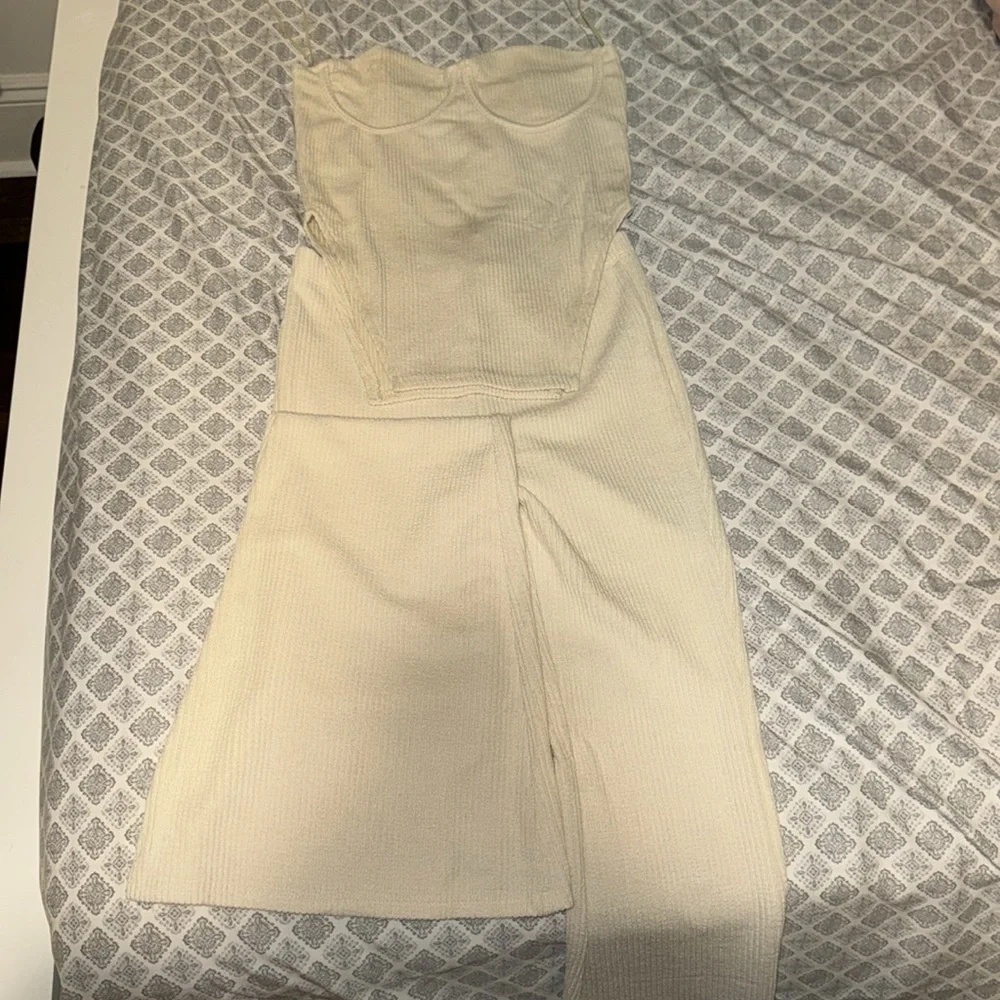 Cream, Ribbed, Two Piece Set - Picture 2 of 3